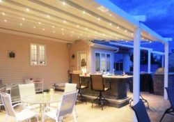 Pergola Retractable GENNIUS from Milanese Remodeling. The GENNIUS is the awning for high wind, heavy rain and BIG sizes. with lights, speakers & more.