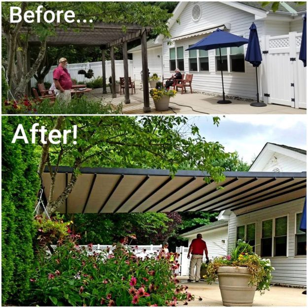 before and after replacing a small retractable awning and larger pergola with one very large retractable pergola