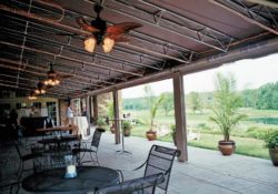 Patio with awning and fan