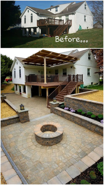Backyard transformation with pergola, fire pit, and patio