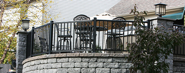 Raised patio with seating area